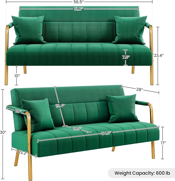 Yaheetech 56.5 W Modern Sofa Small Sofa Luxurious Velvet Fabric Couch with Gold-Tone Metal Arms and Legs for Living Room Home Office Studio Green
