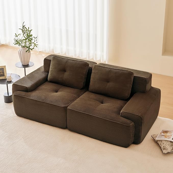 82'' Boneless Couch Modular Sectional Sofa Modern Sectional Couches for Living Room with Deep Seat Comfy Corduroy Cloud Couch Tufted Loveseat Small Sofa Couches Sleeper Sofas Brown
