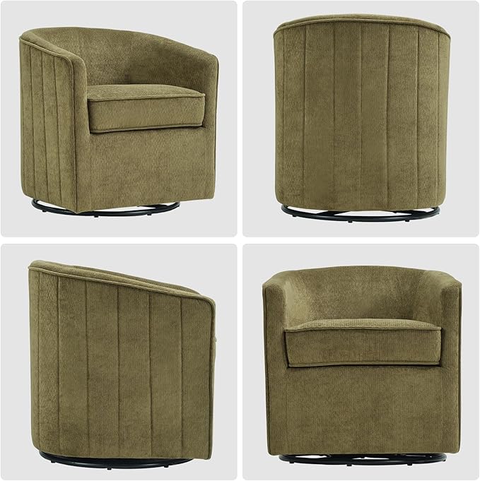 CANMOV Swivel Accent Chair for Multi-Scene Use 360 Degree Club Chair with Ottoman Set Comfy Fabric Barrel Reading Chairs with Simple Line Design for Living Room Bedroom Round Reading Chair Green