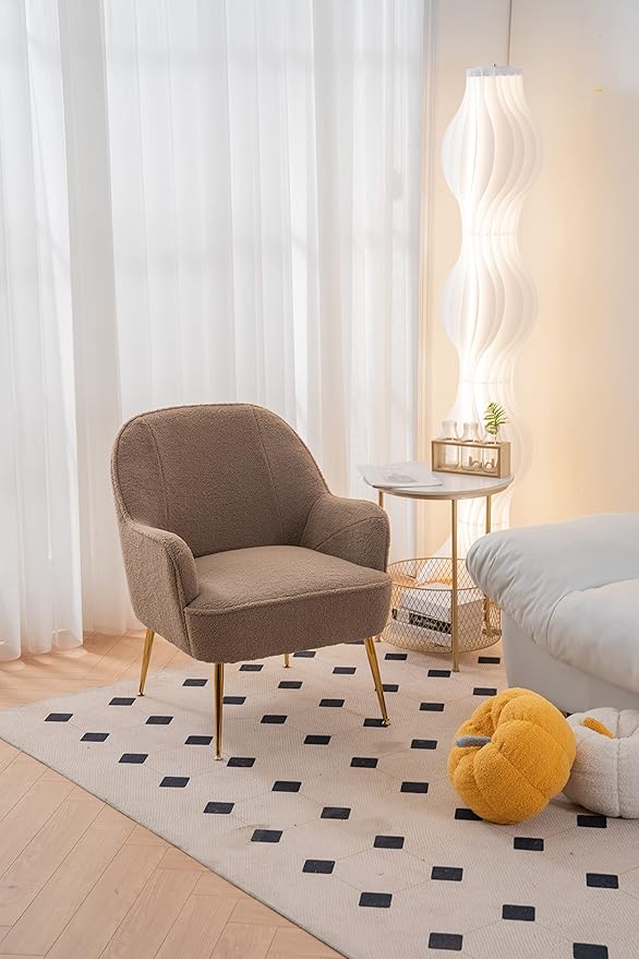 Modern Soft Teddy Fabric Brown Ergonomics Accent Chair Living Room Chair Bedroom Chair Home Chair with Gold Legs and Adjustable Legs for Indoor Home