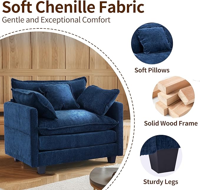 SweetGO corporation 40 Chenille Lounge Chair for Reading Modern Couch Cozy Sofa Bed Upholstered Living Room Single Sofa Accent Chair with Ottoman Set of 2 Blue