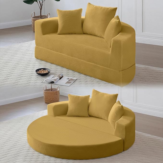 Round Boneless Couch Corduroy Upholstered Folding Convertible Sofa Bed with Pillows 2-in-1 Futon Sofa Bed with Half-Circle Design Comfy Loveseat for Living Room Apartment (Yellow)