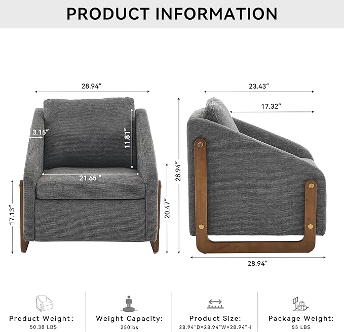 Modern Upholstered Living Room ChairsComfy Chenille Fabric Accent Armchair with Wooden Side FrameSoft Cushion Seat and Backrest Reading Sofa Chair for Bedroom Office (Gray Set of 1)