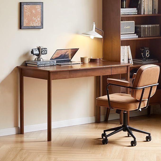 YESWOOD 100% Solid Wood Desk Mid Century Modern Computer Desk Home Office Writing Desk with Drawers for Study Living Room (35.43 W)