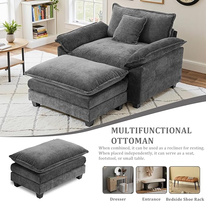Oversized Accent Chair with OttomanOversize Chair Chenille Sofa with ArmrestsComfy Living Room Sofa with Deep Seat &amp PillowsOversized Reading Accent Chairs Couch Lounge for Bedroom (Grey)