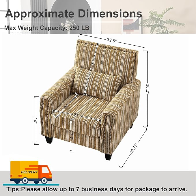 Stripes Accent Chair Modern Upholstered Boucle Fabric Armchair Single Sofa with Wood Legs for Living Room Patio Yellow Stripes.