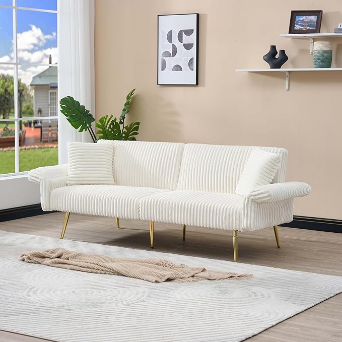79'' White Futon Sofa Bed Corduroy Upholstered Folding Loveseat Couch with Adjustable Backrest and ArmrestsSleeper Sofa with Gold Metal Legs for Small Space Living Room (White)