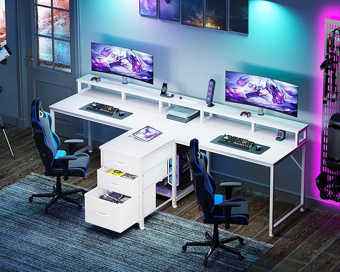 Casaottima 94 Inch 2 Person Home Office Computer Desk with Power Outlet Fabric Drawers &amp File Cabinet Long Writing Desk with Monitor Stand Storage Shelves Study/Work Table White