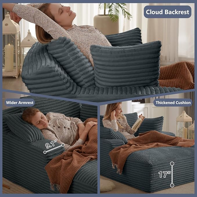 49.2 Oversized Chaise Lounge Chair Deep Seat Upholstered Cozy Cloud Couch Modern Corduroy Floor Sleeper Sofa Bed Reading Chair for Living Room Bedroom Apartment Office Indoor Dark Grey