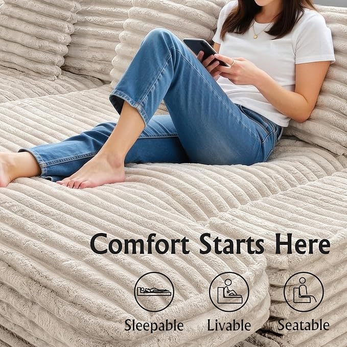 Sectional Couches for Living Room-Corduroy Couch Beige118 Cloud Sectional Couch with L-Shape Chaise Modern Modular Sofa Deep Seat Comfort No Assembly Required(Plush Corduroy Fabric)