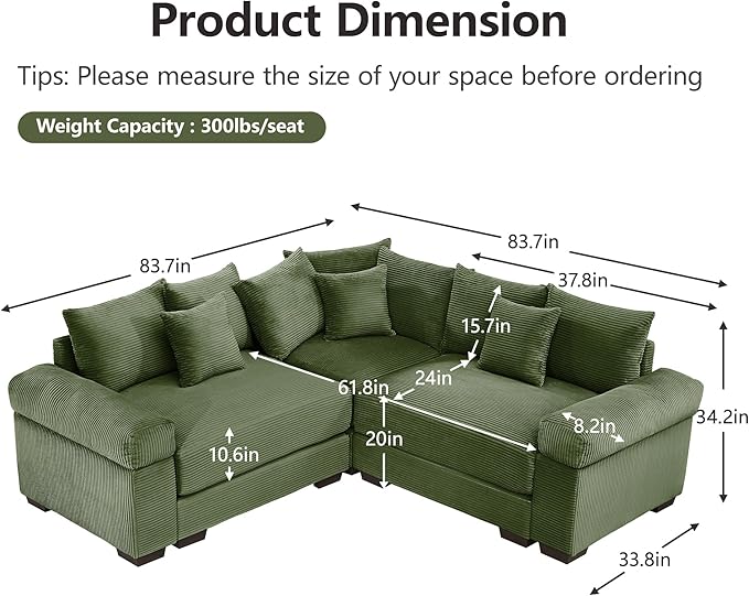 mikibama Modular Sectional Cloud Sofa CouchModern Roomy L-Shaped Corner Couch with Deep SeatConvertible Chenille Corner Sofas for Living RoomBedroomSmall Spaces