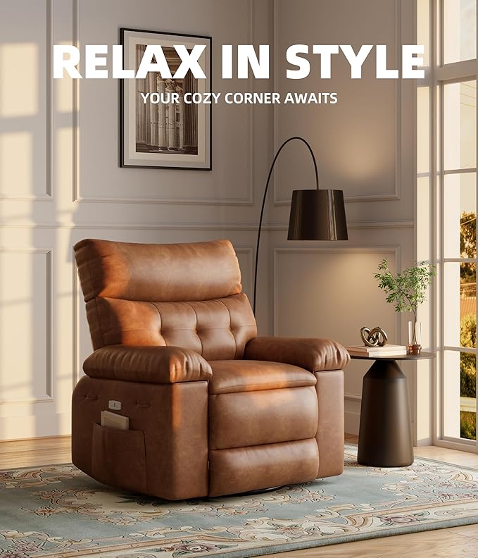 Oversized Swivel Recliner Chair for Adults 400LB Capacity Manual Recliner with 1.5X Plush Cushion 3-Position PU Leather Lounge &amp Nursery Recliner for Living Room &amp Bedroom