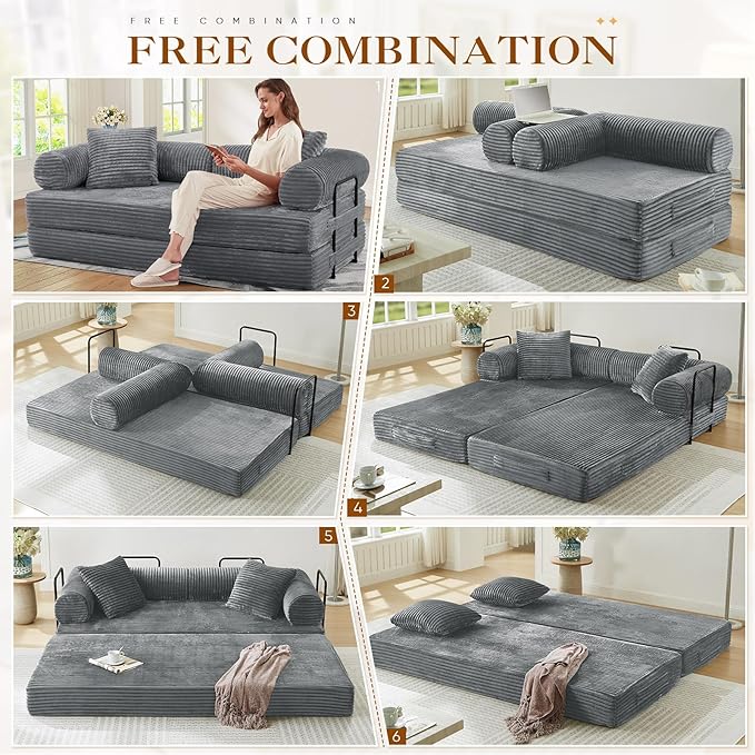 78.5W Convertible Folding Sofa Bed Corduroy Upholstered Queen Size Foam Floor Couch with Fixed-Shaped Frame Loveseat Sleeper Compression Sofa Foldable Mattress for Living Room Bedroom(Light Grey)