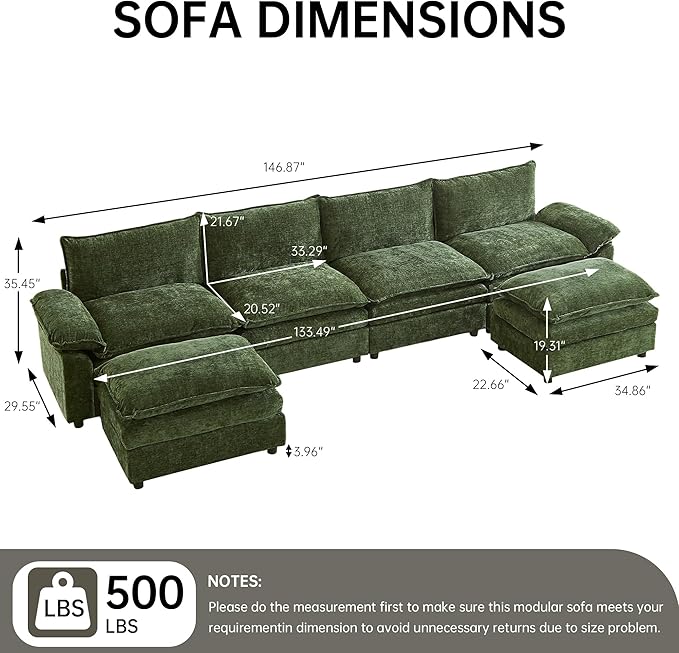 Modular Sectional Sofa 146.8 Inch U Shaped Couch Set with Armrests 4-Seater Comfy Cloud Boneless Couches with 2 Movable Ottomans for Living Room Apartment Dark Green