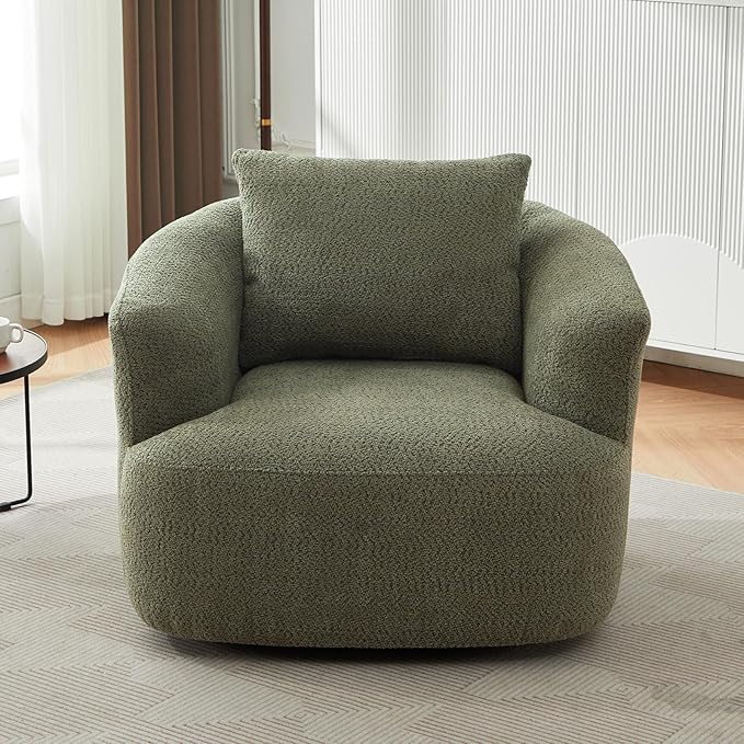 38.2 Swivel Accent Chair Boucle Green Upholstered Armchair Comfy Single Cloud Sofa Chair with Ergonomic Armrests &amp Throw Pillow for Nursery Living Room &amp Offices (Green)