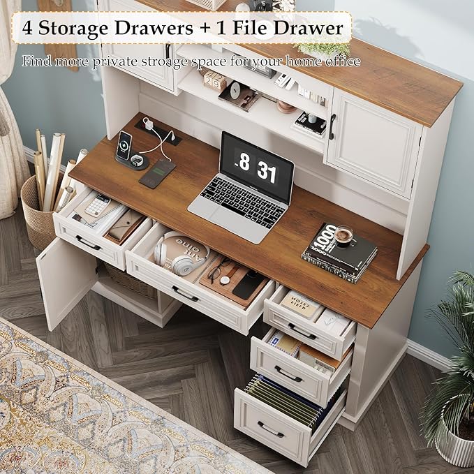 Vabches 67 H Farmhouse Executive Desk with Hutch.Wood Workstation with 5 DrawersStorage CabinetFile Drawers and Charging Station Ideal as Office DeskComputer Desk for Home Office Study(White