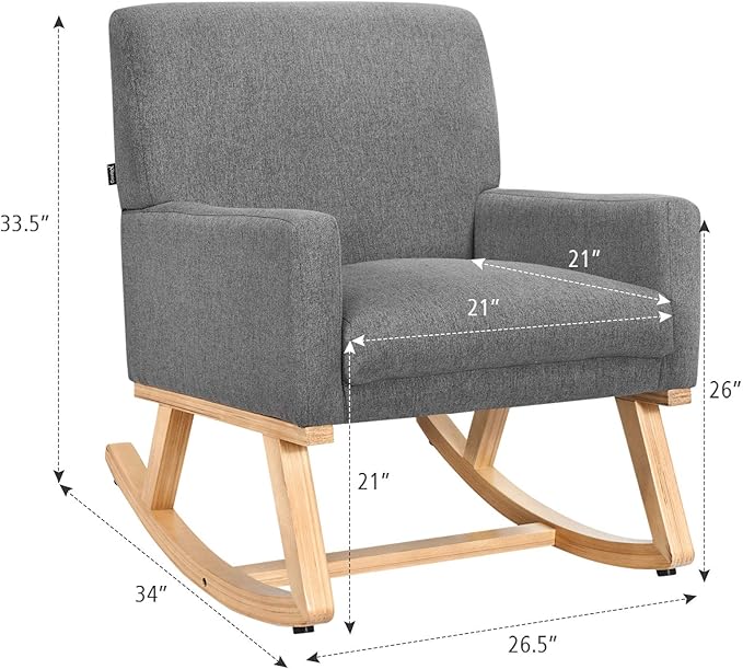 Giantex Upholstered Rocking Chair with Fabric Padded Seat and Solid Wood Base Comfortable Rocker for Living Room Bedroom Study Room Office Rocking Armchair (Gray)