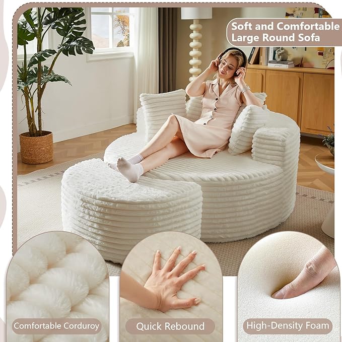 74.6 Oversized Round Chaise Lounge Chair with Ottoman Indoor Fluffy Upholstered Corduroy Deep Seat Large Boneless Circle Couch Sofa Chairs for Living Room Bedroom No Assembly Required White