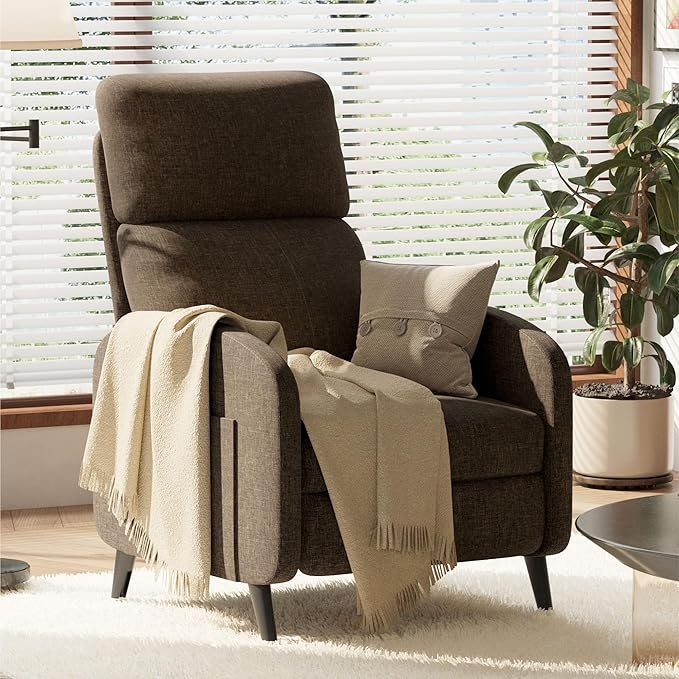 FLEXISPOT XC2 Recliner Chair for Adults Fabric Small Reclining Chair Home Theater Seating with Side Pockets Adjustable Modern Single Sofa Armchair Extended Footrest for Living Room(Brown)