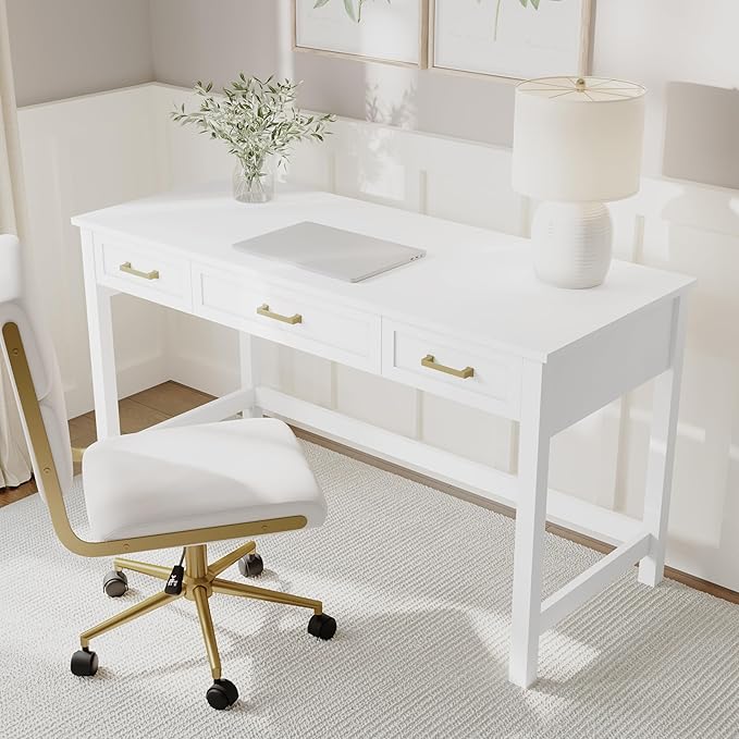 Martha Stewart Hutton Shaker Style Home Office Desk with 3 Drawers in White with Polished Brass Hardware