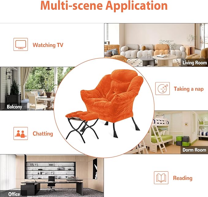 Lazy Chair with Folding Ottoman Accent Chair Plush Upholstered with Metal Structure and Non-Slip Pads Sofa Armchair with Footrest and Side Storage Bag for Dorm Room Office Orange