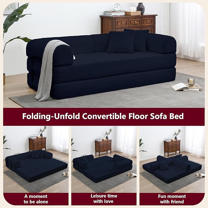 JJJ 63 inch Sofa Bed 4-in-1 Boneless Convertible Corduroy Sleeper Folding Couch with Fixed-Shape Frame and 2 Futons No Assemble Required 3 Seater Upholstered for Living Room (Blue 63 inch)