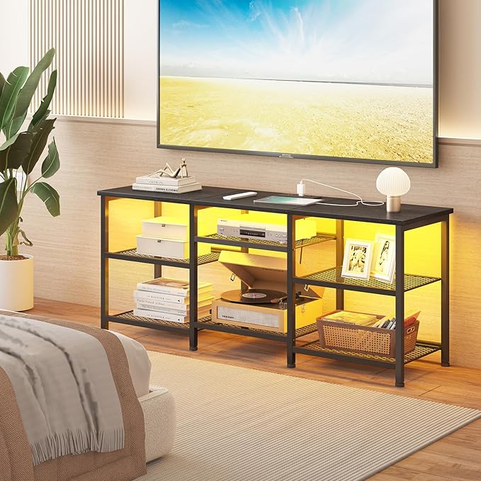 YGEOMER TV Stand for TVs Up to 55 Inches Entertainment Center with Power Outlet and LED Lights Open Storage Shelves TV Media Console Table for Living Room and Bedroom Black