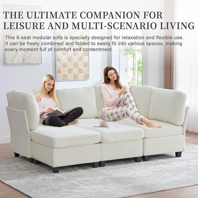 U Shaped Modular Sectional Sofa Couch with Storage Ottoman 6 Seat Convertible Upholstered Deep Seat Sofa with Chaise Lounge Comfy Cloud Couch for Living Room Beige