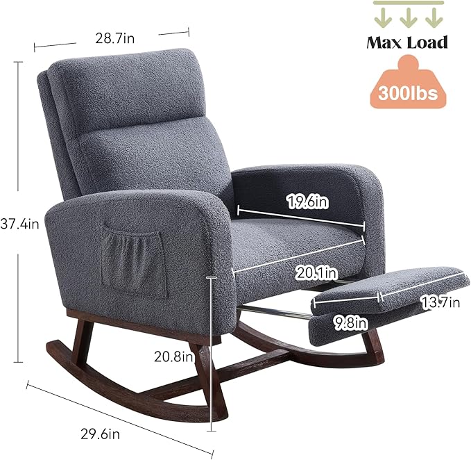 Rocking Chair Nursery with Foot Rest Teddy Nursing Rocking Chairs for Mom Breastfeeding Rocker Glider Chair with High Backrest for Living Room Bedroom Blue Grey