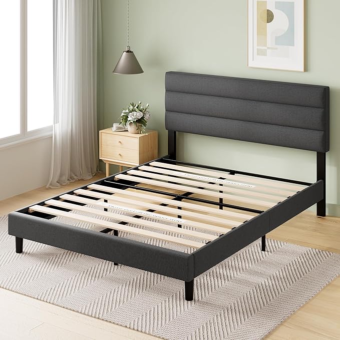 Zinus King Piper Upholstered Platform Bed with Horizontal Paneled Headboard Wooden Slat Support No Box Spring Needed Easy Assembly Eco Friendly Packaging Dark Grey