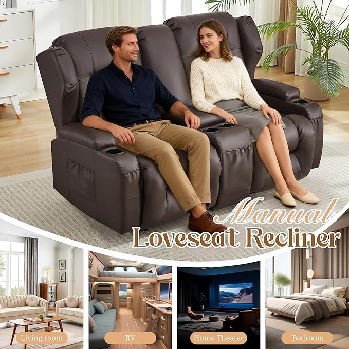 BINGTOO Manual Double Reclining Loveseat Sofa 2-Seater RV Wall Hugger Leather Couch for Living Room &amp Home Theater with Storage Console/Cup Holders/Side Pockets PU Brown