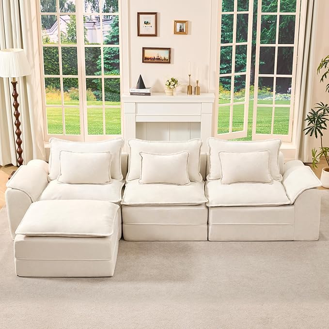 Hobestluk 120 Cloud Modular Sectional Couch 3-Seater Sofa with Ottoman L Shaped Sofa with Removable Cover Large Sofa Couch for Living Room (Beige 3-Seater Sofa with One Ottoman)