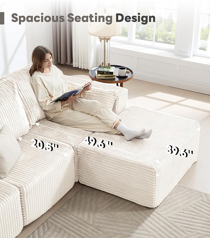 Tbfit Sectional Cloud Couch for Living Room Modular Sofa with Angled Armrest Comfy Boneless Sofa with Wide Seat &amp Deep Seat White