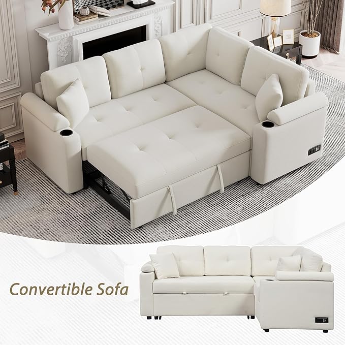 83 L-Shape Sofa Bed Pull-Out Sleeper Sofa with Wheels and Built-in Cup Holders Modern Button Tufted 3 Seater Sectional Corner Couch with Power Sockets for Living Room (Beige-s32)
