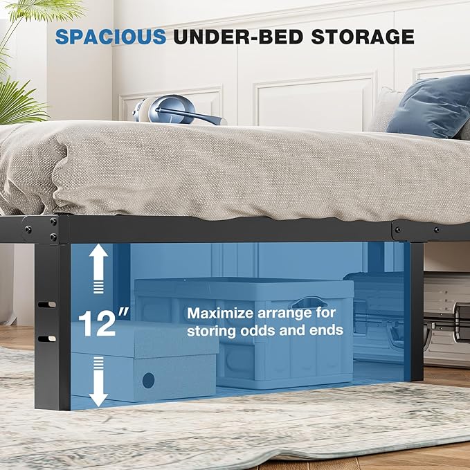 OLIXIS Metal Twin Bed Frame - 14in High with Storage Space No Box Spring Needed with Sturdy Steel Slat Support 800LBS Heavy Duty for Easy Assembly Black for Bedroom