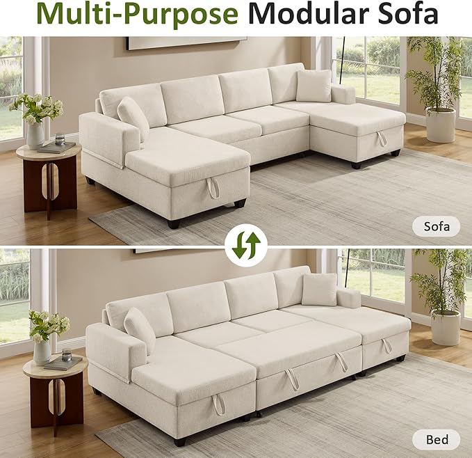 VANOMi U Shaped Sectional Sleeper Sofa with Pull Out Bed 113 Modular Sectional Sofa with Storage Chenille Couches for Living Room Apartment Office Beige | Large Storage Space with 2 Chaise with