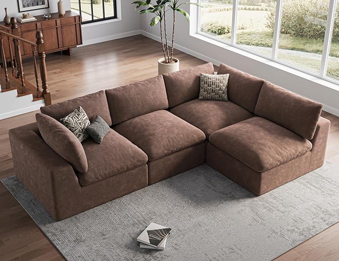 120 Cloud Sectional Couch | Oversize Boneless Couches for Living Room | 4 Seater L-Shape Sofa | Brown