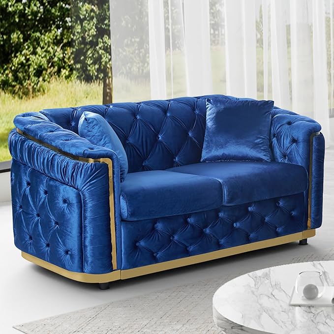 Velvet Couch Blue and Gold Sofa Luxury Loveseat 62.5 Mid Century Modern Chesterfield Sofa Couch for Living Room Tufted Sofas with 2 Pillows &amp Classic Golden Decor Blue
