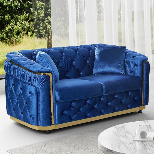 Velvet Couch Blue and Gold Sofa Luxury Loveseat 62.5 Mid Century Modern Chesterfield Sofa Couch for Living Room Tufted Sofas with 2 Pillows &amp Classic Golden Decor Blue