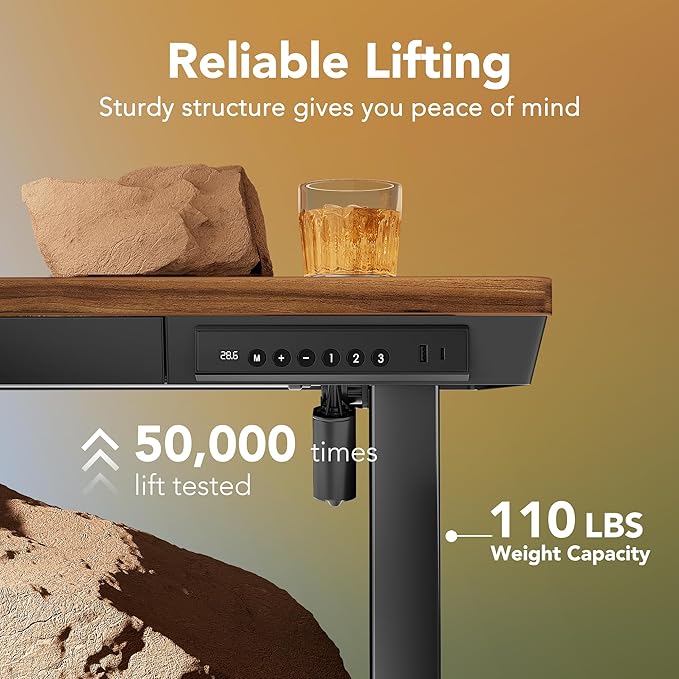 HUANUO Electric Standing Desk with Drawers 35 x 20 Inch Electric Adjustable Height Desk Quick Install One-Piece Tabletop with USB Charging Ports Sit to Stand Up Desk for Home Office Black Walnut