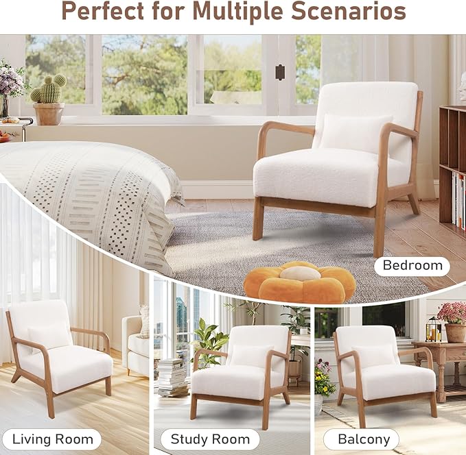 ANJ Mid Century Modern Accent Chair Set of 2 Single Boucle Lounge Reading Armchair with Solid Wood Frame Easy Assembly Arm Chairs for Living Room White