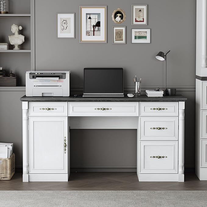 60 Farmhouse Executive Desk with Charging Station Home Office Desk with Drawers &amp File Cabinet Storage Keyboard Tray Wood Computer Desk with Storage for Work and Study Antique White