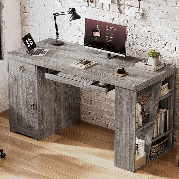HSH 55 Office Computer Desk with Drawers Farmhouse Grey Executive Desk with Storage Shelves and Cabinet Modern Wooden Computer Table Teacher Desks with Keyboard Tray for Home Writing Work Study
