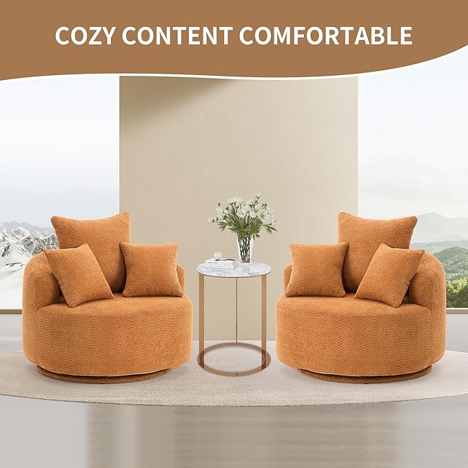40” Orange Round Swivel Chair with 3 Pillows &amp Thick Cushion Oversized 360° Swivel Accent Chair Modern Boucle Armchair for Nursery Living Room Bedroom Club