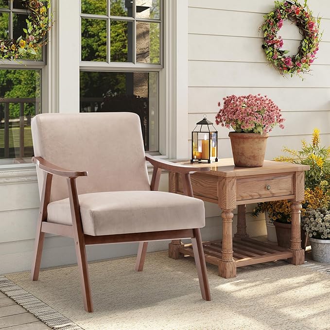 Rovibek Upholstered Accent Chair with Arms - Mid Century Modern Accent Chairs with Wood Frame Upholstered Arm Chairs with 5.9in Thick Foam Beige Occasional Chair Set of 2