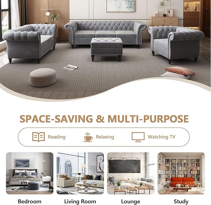 Chesterfield 3 Seater Sofa Sofa Couch with Rolled Arms Tufting Nailhead Trim Large Couch for Living RoomBedroom Office Apartment (Velvet Grey)