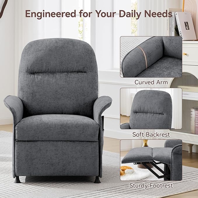Power Recliner Chair for Adults Modern Reclining Single Sofa with Curved Armrest Comfy Ergonomics Electric Recliner Adjustable Reading Chair for Living Room Bedroom Chenille Light Grey