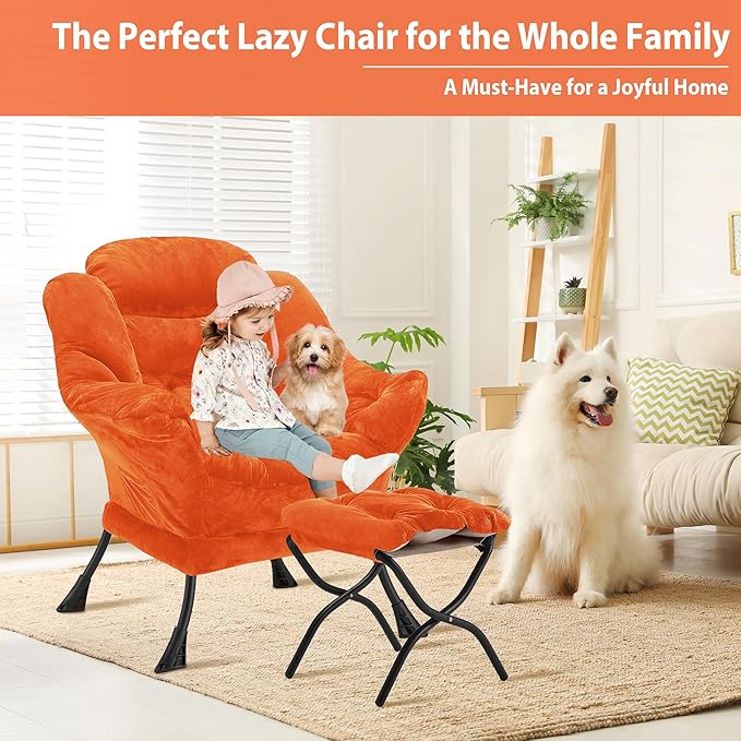 Lazy Chair with Folding Ottoman Accent Chair Plush Upholstered with Metal Structure and Non-Slip Pads Sofa Armchair with Footrest and Side Storage Bag for Dorm Room Office Orange