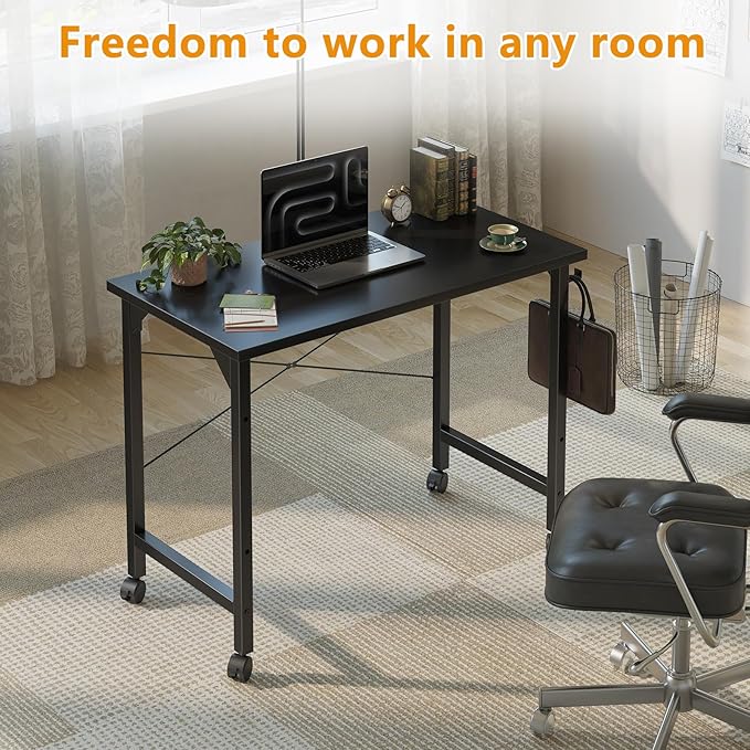 Grandder Rolling Computer 32 inch Desk with Wheels Wroking Small Desk for Living Room Modern Simple Style Table for Home Office Study Writing Table Caster Black 32 inch