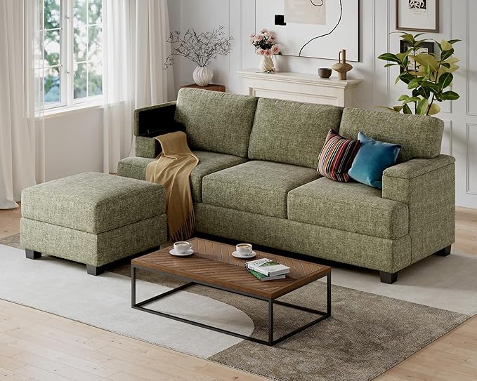 Sectional Couch Sofa with Armrest Organizer85 L Shaped Couch with OttomanVelvet Convertible Couches for Living Room3 Seats Sofas Set for BedroomHome FurnitureGreen